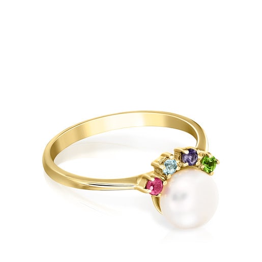 Gold Real Sisy Ring with small Pearl and Gemstones