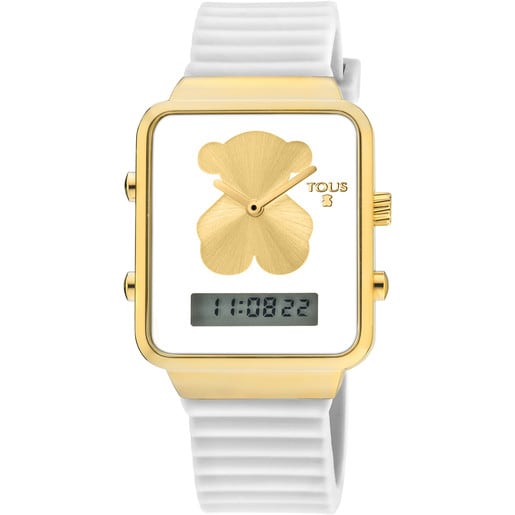 Reloj digital I-Bear de acero IP dorado con correa de silicona blanca