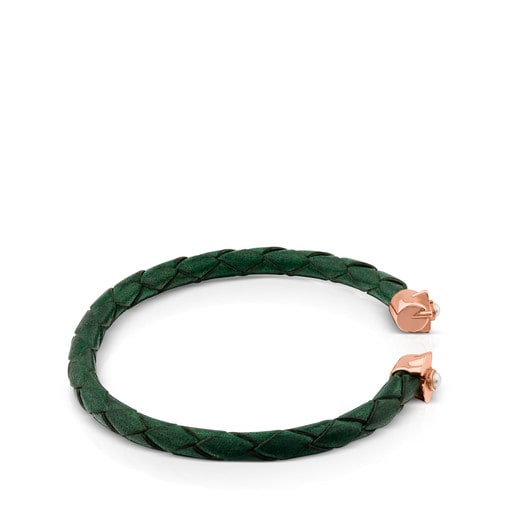 Rose Vermeil Silver Super Power Bracelet with green Leather and Pearl