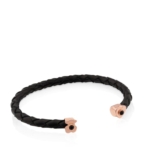 Bracelet Super Power en Cuir de couleur noire avec Argent Vermeil rose et Onyx