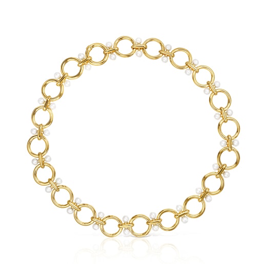 Collana con placcatura in oro 18 kt su anelli Hold in argento e perle