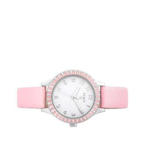 Steel Straight Kids Watch with bear bezel and pink Leather strap