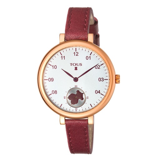 Pink IP Steel Spin Watch with burgundy Leather strap