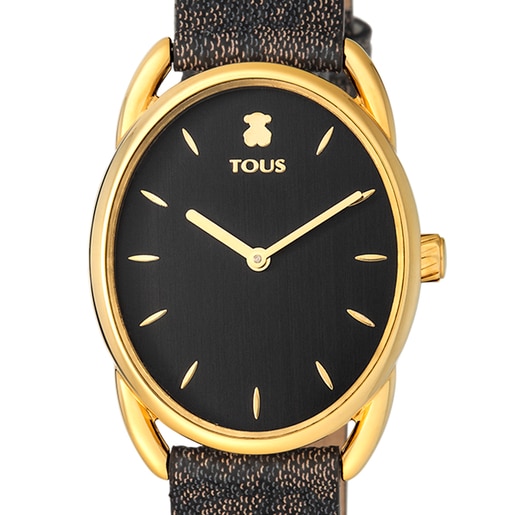 Gold-colored IP Steel Dai Watch with black Leather Kaos strap