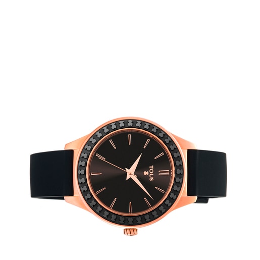 ブラックカラーのシリコン製ストラップとセラミックベゼルが付いたローズカラーのイオンプレーティング/スティール製腕時計 Straight Ceramic