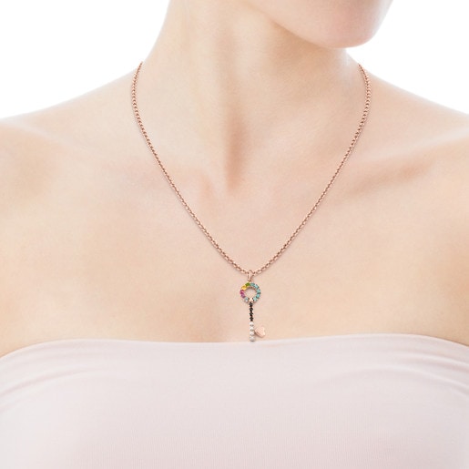 San Valentín key Pendant in Rose Silver Vermeil with Gemstones