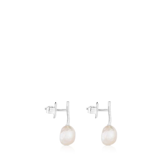 Silver Stick Earrings with Pearl