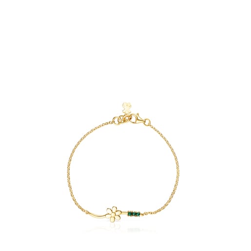 Pulsera Fragile Nature flor con baño de oro 18 kt sobre plata y malaquita