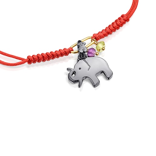 Pulsera TOUS Good Vibes elefante de plata dark silver, gemas y cordón rojo