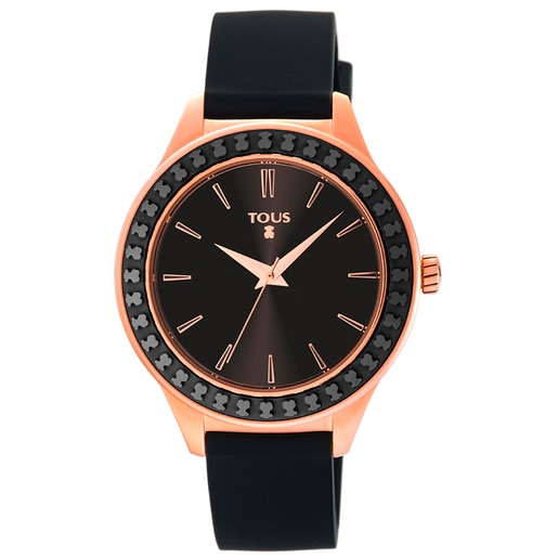 ブラックカラーのシリコン製ストラップとセラミックベゼルが付いたローズカラーのイオンプレーティング/スティール製腕時計 Straight Ceramic