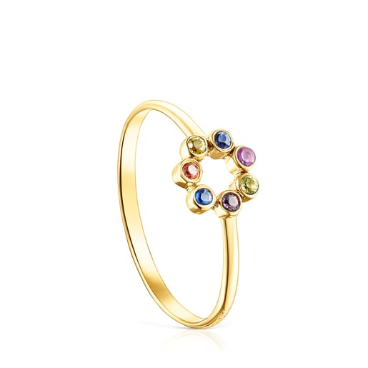 Gold Straight Color disc Ring with Gemstones