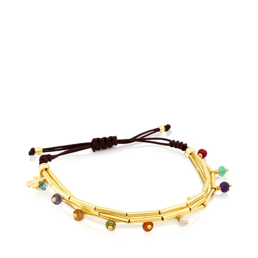 Pulsera Elise con baño de oro 18 kt sobre plata, Gemas y Cordón en color marrón