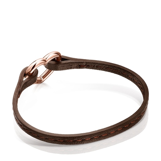 Pulsera Hold corazón con baño de oro rosa de 18 kt sobre plata y Cuero marrón