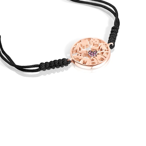 Bracelet TOUS Mama en Or Vermeil rose avec Rubis et Cordon noir