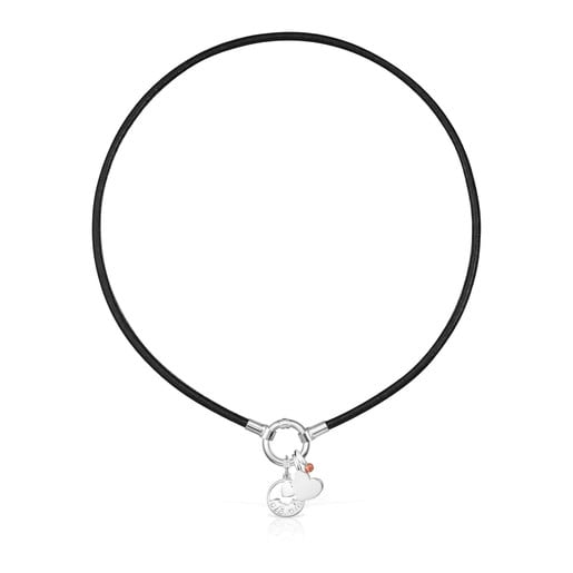 TOUS Mama heart Necklace in Silver, Garnet and black Leather