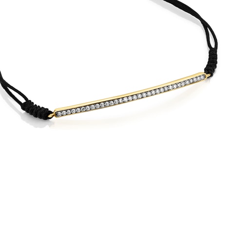 Pulsera barra con baño de oro 18 kt sobre plata, diamantes y cordón negro Nocturne