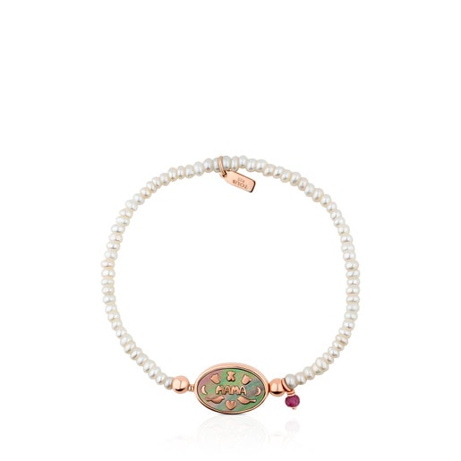 Rose Vermeil Silver Mama Power Bracelet with Mother-of-pearl, Ruby and  Pearls | TOUS