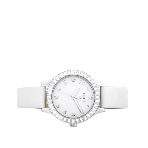 Reloj anal gico Straight Kids de acero y bisel de osos con correa de piel blanca
