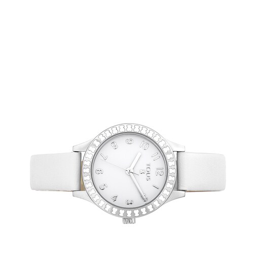 Steel Straight Kids Watch with bear bezel and white Leather strap