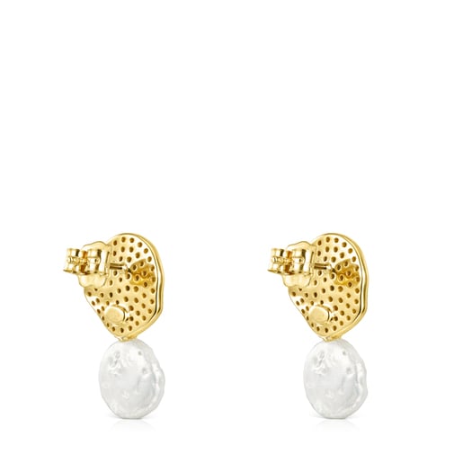 Gold Nenufar Earrings with Diamonds and Pearl