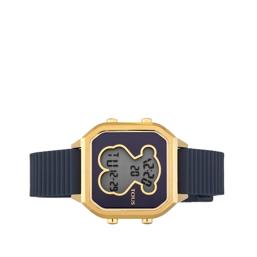 Orologio digitale D-Bear Teen in acciaio IP Gold con cinturino in silicone blu