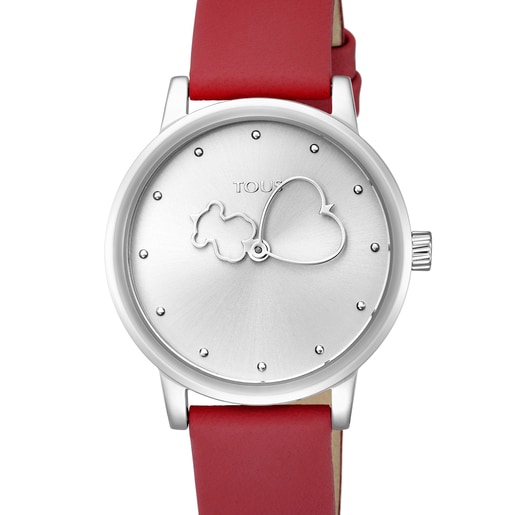 Steel Bear Time Watch with red Leather strap