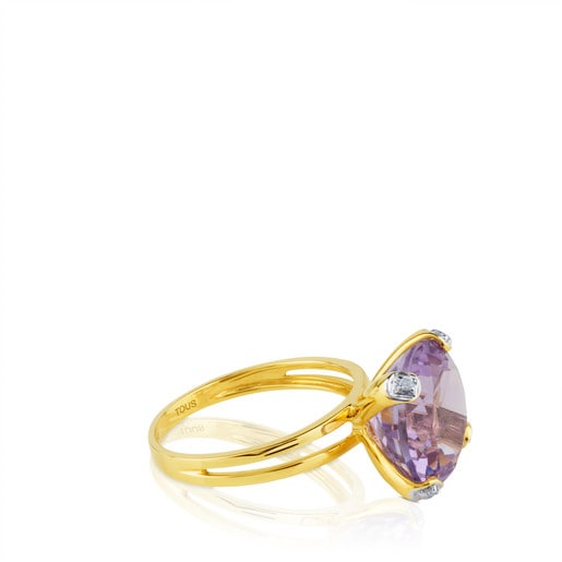 Gold Color Kings Ring with Diamonds and Amethyst