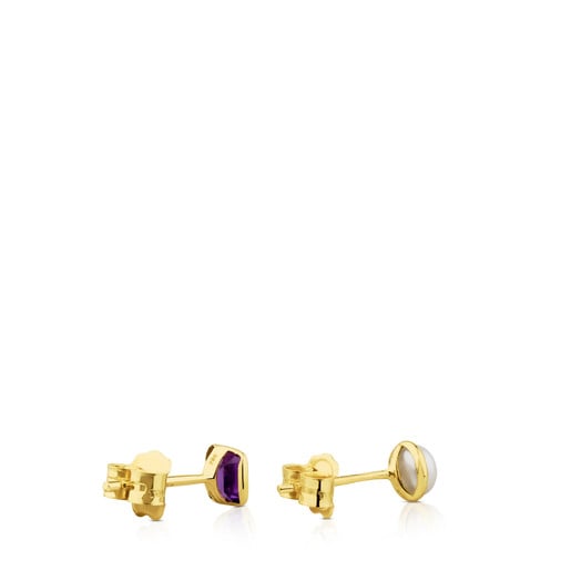 Gold Gem Power Earrings with Pearl and Amethyst