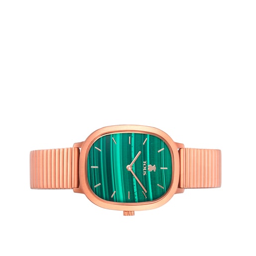 マラカイト・ スフィアがついたピンクカラーIPスティール製腕時計 Heritage Gems