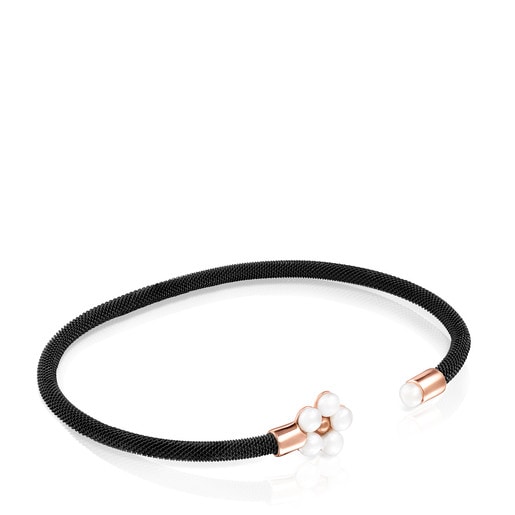 Armband Real Sisy aus schwarzem IP-Stahl und Vermeil-Roségold mit Perlen