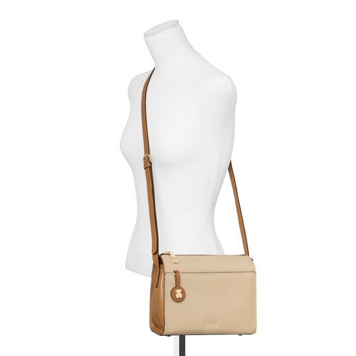 レザーブラウン - ベージュの革製ショルダーバッグ Rose Bear