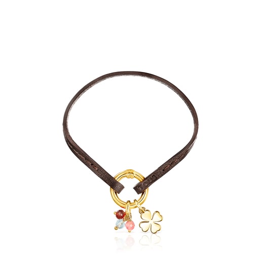 Silver Vermeil TOUS Good Vibes clover Bracelet with Gemstones and brown Cord