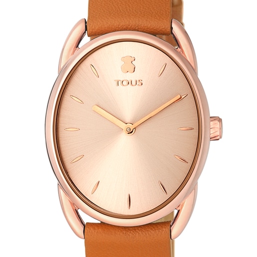 Reloj analógico Dai de acero IP rosado con correa de piel marrón