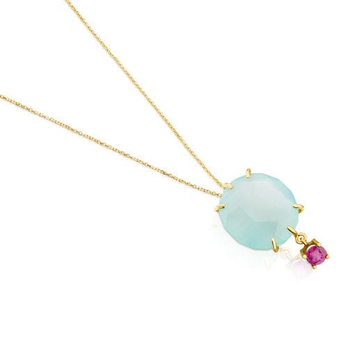 Gold Ethereal Necklace with Chalcedon and Ruby