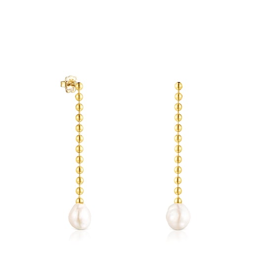 Aretes largos Gloss con baño de oro 18 kt sobre plata y perla