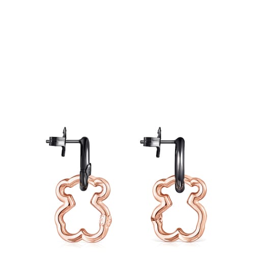 Pendientes oso con baño de oro rosa 18 kt sobre plata y plata dark silver Hold