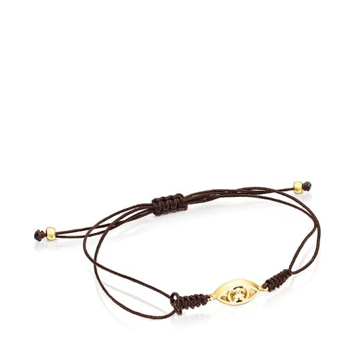 Gold TOUS Good Vibes eye Bracelet with brown Cord