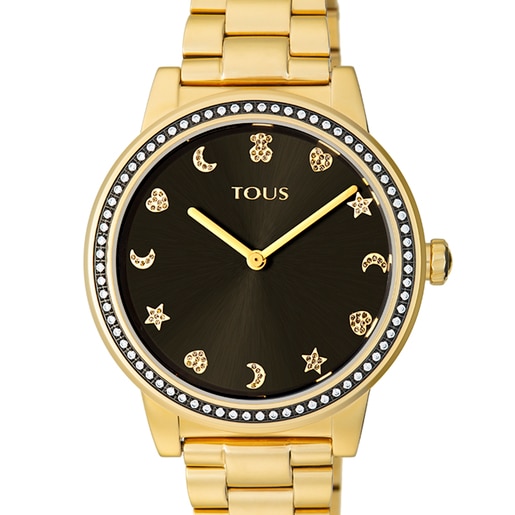 Gold-colored IP Steel Nocturne Watch with bezel with cubic zirconia stones