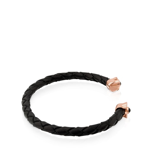 Bracelet Super Power en Cuir de couleur noire avec Argent Vermeil rose et Onyx