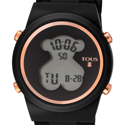 Montre numérique D-Bear en Acier IP rosé avec bracelet en Silicone noir