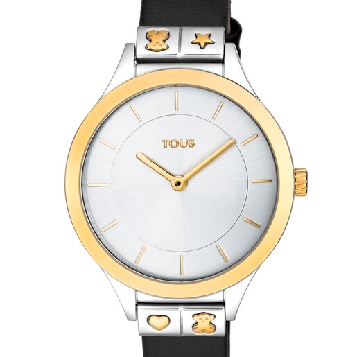 Reloj Lord de acero IP rosado con correa de piel negra | TOUS
