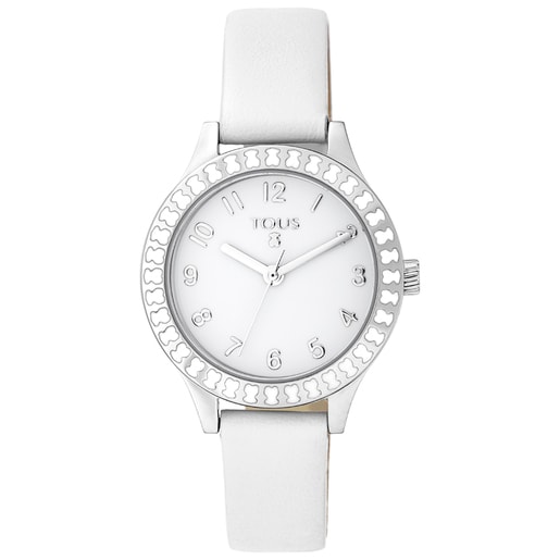 Steel Straight Kids Watch with bear bezel and white Leather strap