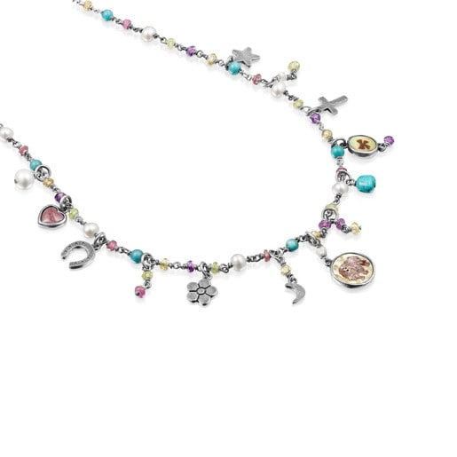 Halskette La XIII aus Altsilber mit Perlmutt, Perlen und Edelsteinen