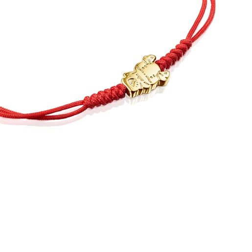 Armband Chinese Horoscope Dragon aus Gold mit roter Kordel