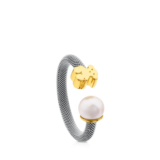 Anello in acciaio e oro con perla coltivata motivo orsetto Icon Mesh