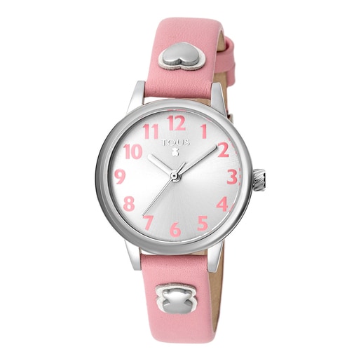 ピンクの革バンドが付いたステンレス腕時計 Dreamy