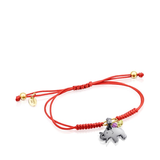 Dark Silver TOUS Good Vibes elephant Bracelet with Gemstones and red Cord TOUS