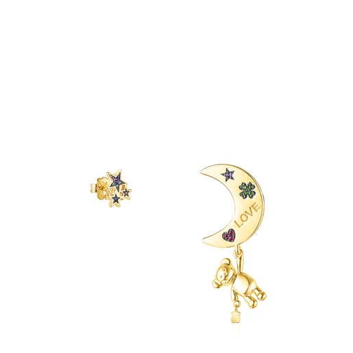 Orecchini luna corti/lunghi con placcatura in oro 18 kt su argento e gemme Teddy Bear Stars