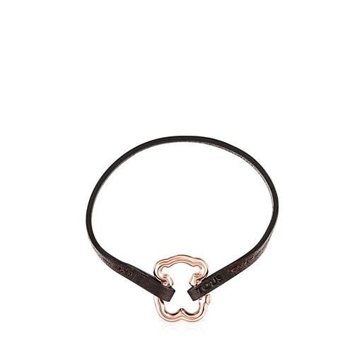 ブレスレット3点セット Hold　ピンクゴールドコーティングくま＆ダークシルバーブレスレットチェーン＆ レザーブラウン