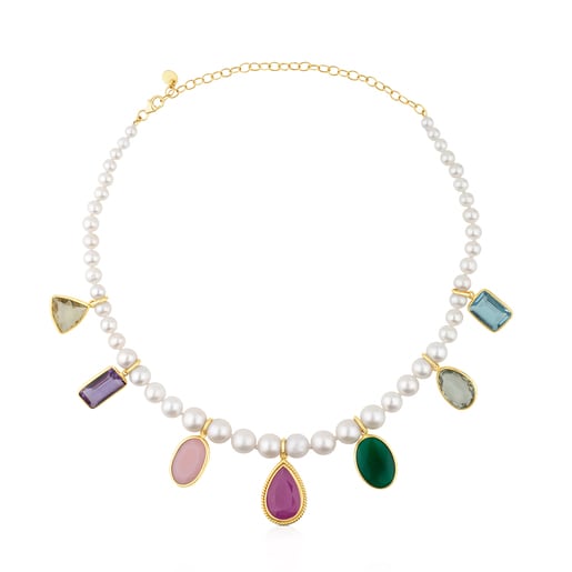 Gold Gem Power Necklace with Pearls and seven multicolor Gemstones. 17 27/50